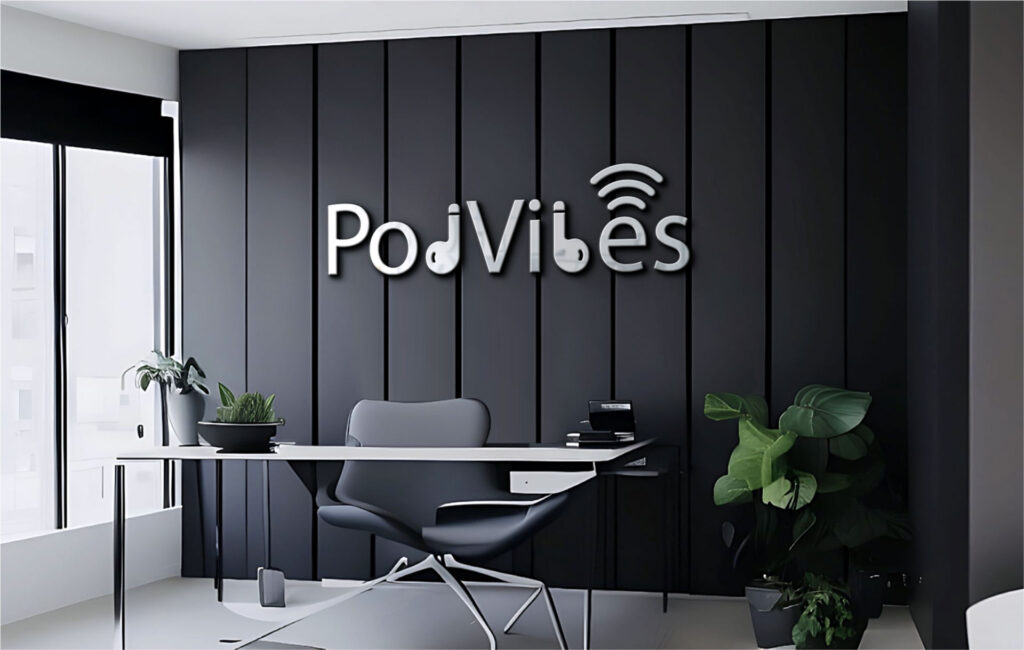 its a hyper realistic logo on wall of a cabin named pod vibes