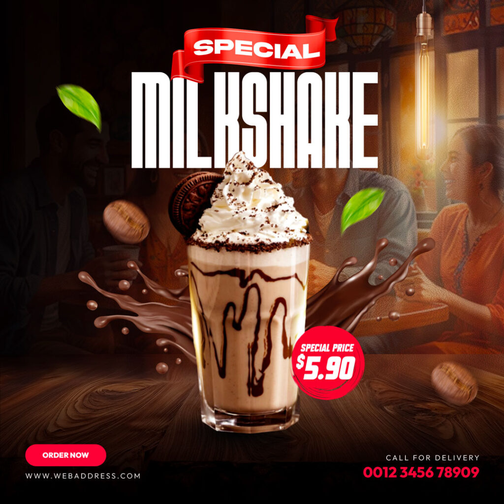 milkshake poster with glass of milkshake in center and splash of chocolate from center